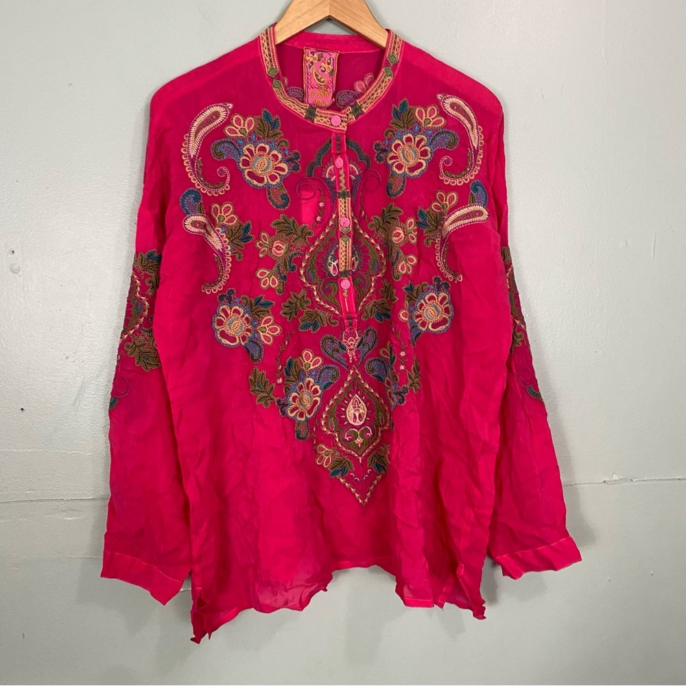 Johnny‎ Was The Audrey Mandarin Collar Blouse In Lov Embroidered Floral XXL Pink